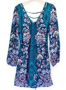 Resortwear Pink Owl Boho Long Sleeve Dress Floral Moroccan Blue Summer
